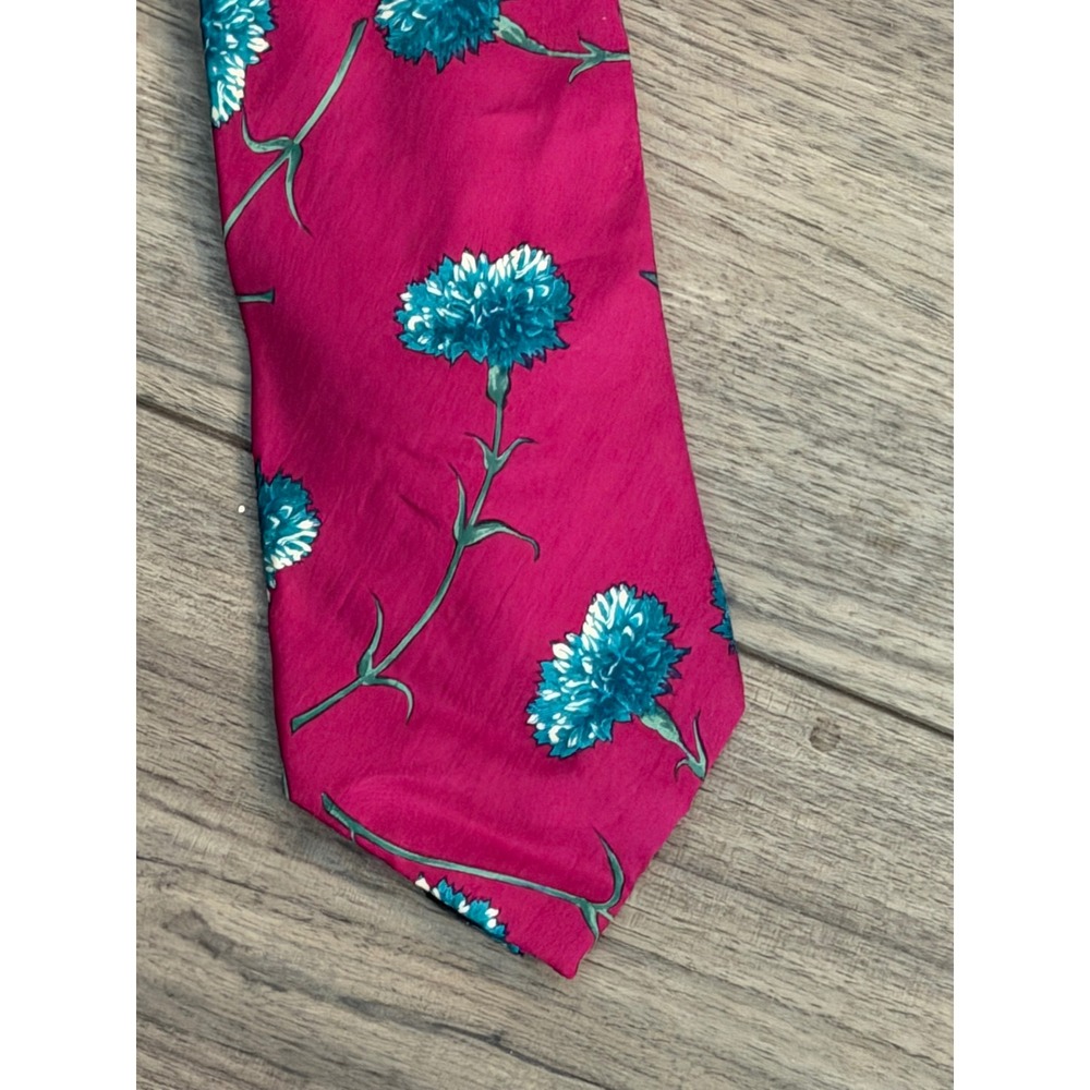 Vintage Christian Dior La Chemise Silk Tie Hot Pink Teal Floral Carnation
